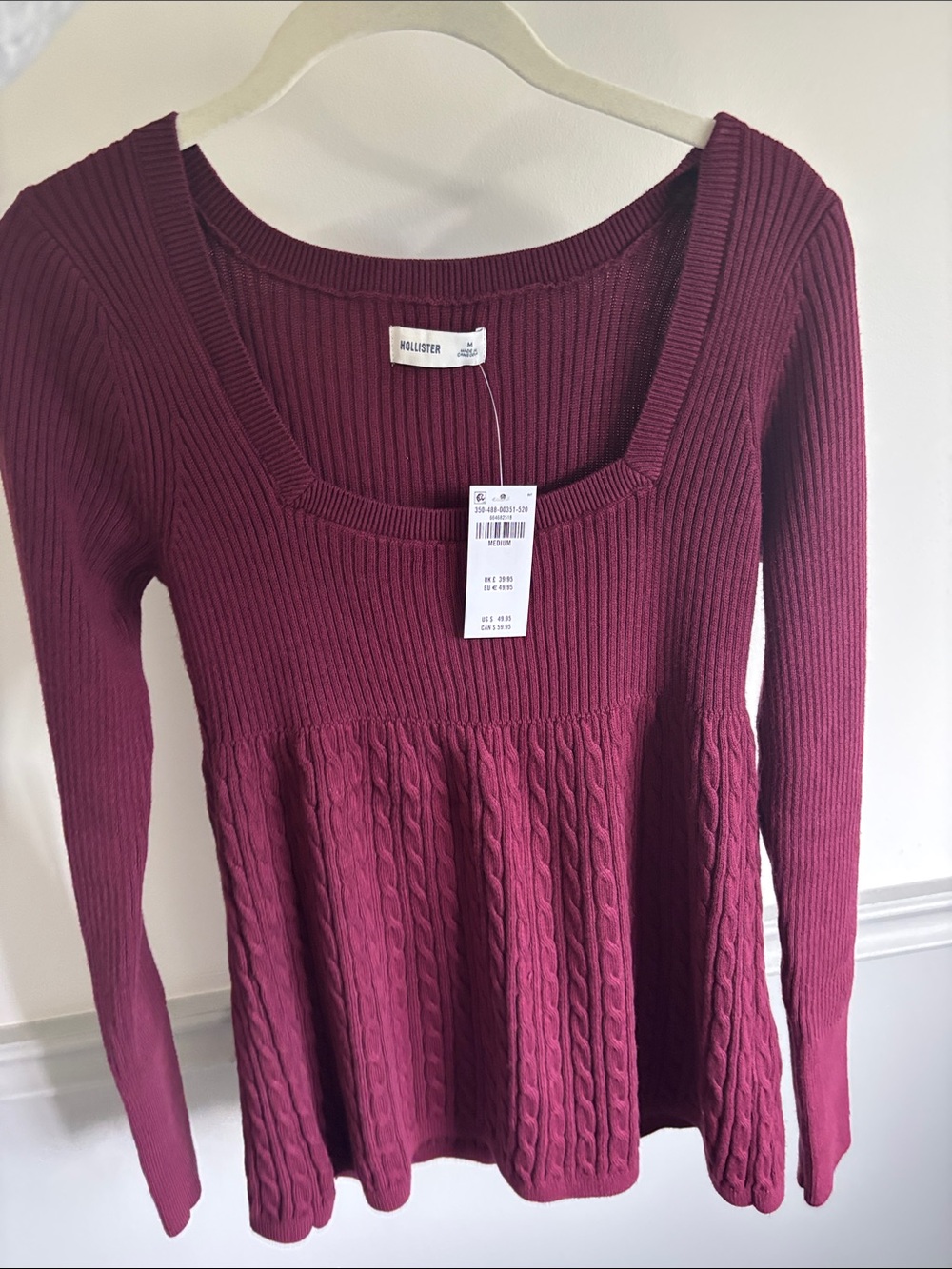 Hollister Women's Wine Ribbed & Cable Knit Long Sleeve Dress
